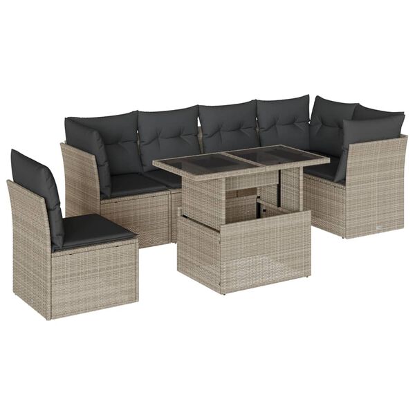 vidaXL 7-tlg. Garten-Sofagarnitur mit Kissen Hellgrau Poly Rattan