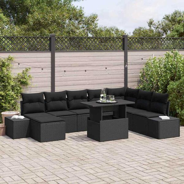 vidaXL Garten-Sofa-Set mit Speicher 9 pcs Schwarz Poly Rattan