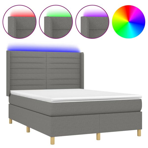 vidaXL Boxspringbett mit Matratze & LED Dunkelgrau 140x200 cm Stoff