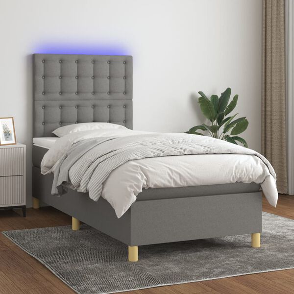 vidaXL Boxspringbett mit Matratze & LED Dunkelgrau 90x200 cm Stoff