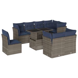 vidaXL 9-teiliges Gartensofa-Set mit Kissen, grau, Polyrattan