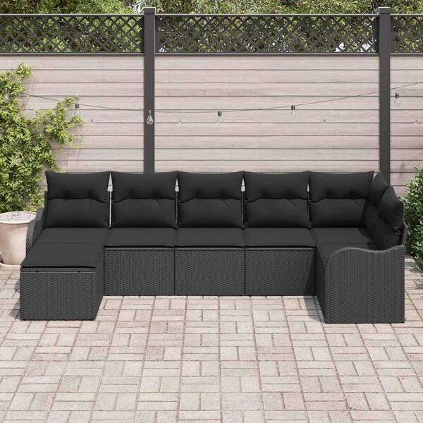 vidaXL Garten-Sofa-Set mit Kissen 7 pcs Schwarz Poly Rattan