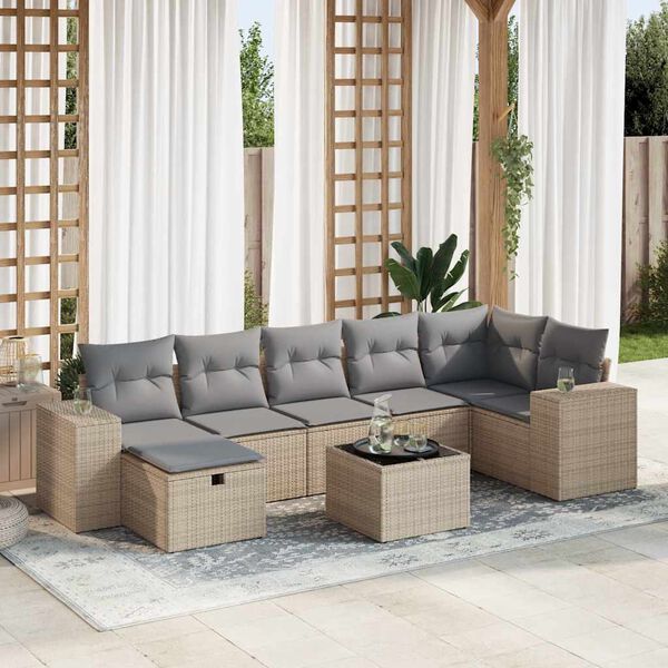 vidaXL 7-tlg. Garten-Sofagarnitur mit Kissen Beige Poly Rattan