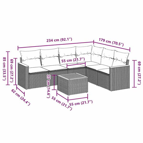 vidaXL 7-tlg. Garten-Sofagarnitur mit Kissen Schwarz Poly Rattan