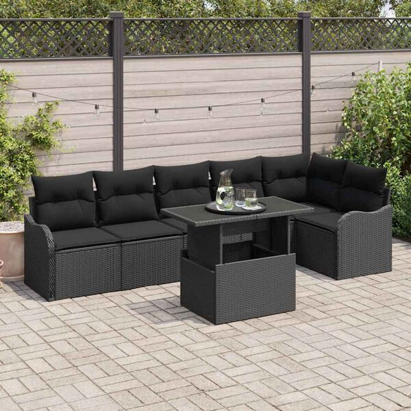 vidaXL Sofa Set mit Kissen 7 pcs Schwarz Poly Rattan