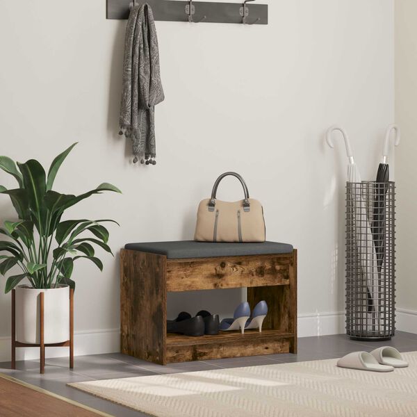 vidaXL Flurbank mit Kissen mit Regal Ger&auml;ucherte Eiche 63 x 38 x 45 cm