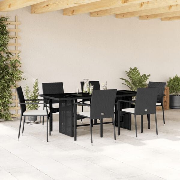 vidaXL 7-tlg. Garten-Essgruppe mit Kissen Schwarz Poly Rattan