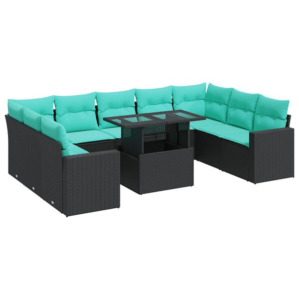 vidaXL 10-tlg. Garten-Sofagarnitur mit Kissen Schwarz Poly Rattan