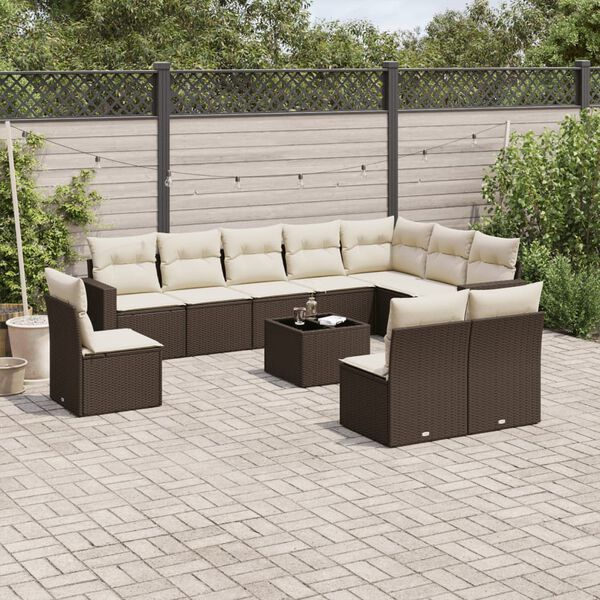 vidaXL 11-tlg. Garten-Sofagarnitur mit Kissen Braun Poly Rattan