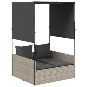 vidaXL Doppel-Sonnenliege mit Dach und Vorh&auml;ngen Hellgrau Poly Rattan