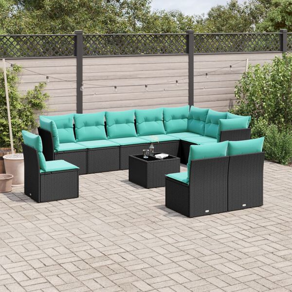 vidaXL 11-tlg. Garten-Sofagarnitur mit Kissen Schwarz Poly Rattan