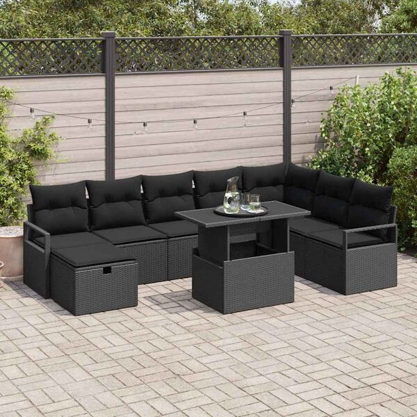 vidaXL Garten-Sofa-Set mit Kissen 9 pcs Schwarz Poly Rattan