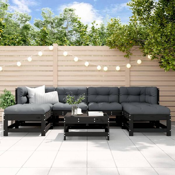 vidaXL 7-tlg. Garten-Lounge-Set mit Kissen Schwarz Massivholz