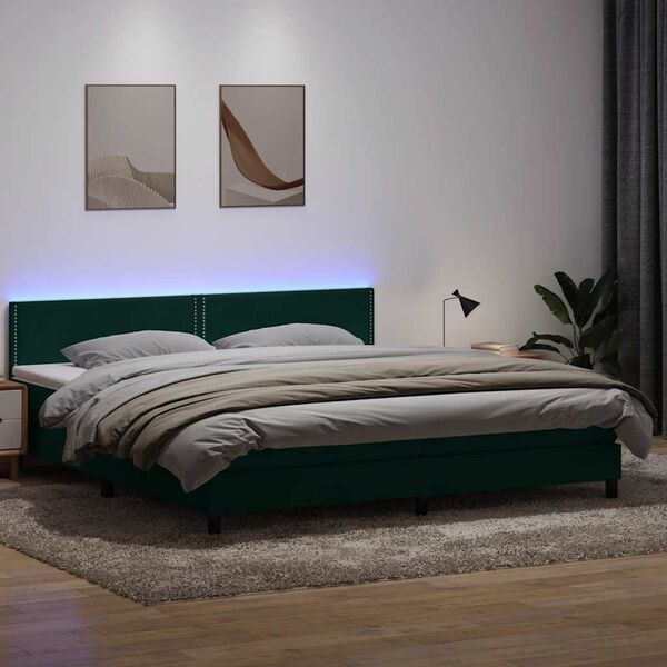 vidaXL Boxspringbett mit Matratze & LED Dunkelgr&uuml;n 180x220 cm Samt