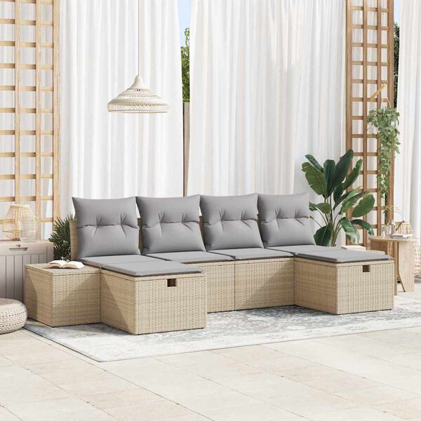 vidaXL Gartensofa-set mit Kissen mit Speicher 6 pcs Beige Poly-Rattan