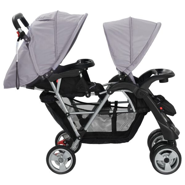 vidaXL Tandem-Kinderwagen Stahl Grau und Schwarz