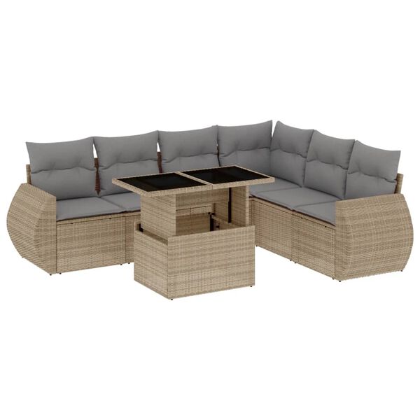 vidaXL 7-tlg. Garten-Sofagarnitur mit Kissen Beige Poly Rattan