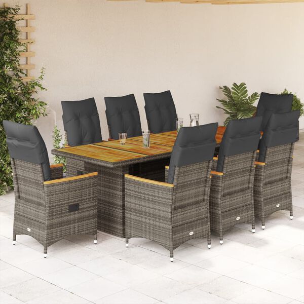 vidaXL 9-tlg. Garten-Bistro-Set mit Kissen Grau Poly Rattan