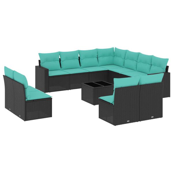 vidaXL 12-tlg. Garten-Sofagarnitur mit Kissen Schwarz Poly Rattan