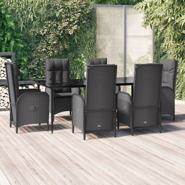 vidaXL 7-tlg. Garten-Essgruppe mit Kissen Schwarz Poly Rattan
