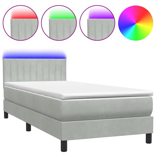 vidaXL Boxspringbett mit Matratze & LED Hellgrau 90x210 cm Samt