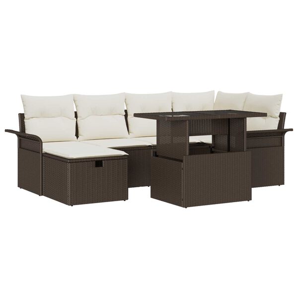 vidaXL Garten-Sofa-Set mit Kissen mit Speicher 7 pcs Braun Poly Rattan