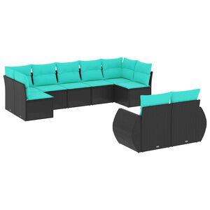 vidaXL 9-teiliges Gartensofa-Set mit Kissen, schwarzes Polyrattan