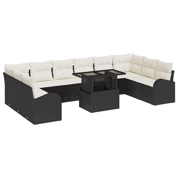 vidaXL Garten-Sofa-Set mit Kissen 11 pcs Schwarz und Creme Poly-Rattan