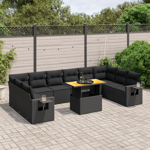 vidaXL 11-tlg. Garten-Sofagarnitur mit Kissen Schwarz Poly Rattan
