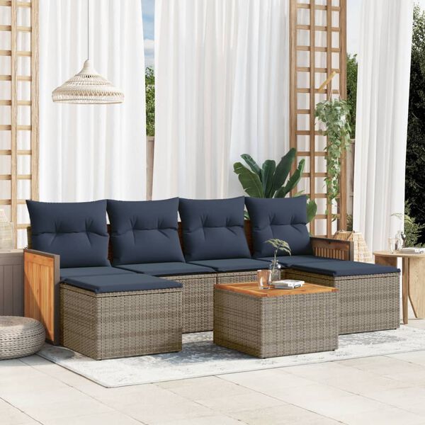 vidaXL 7-teiliges Gartensofa-Set mit Kissen, grau, Polyrattan
