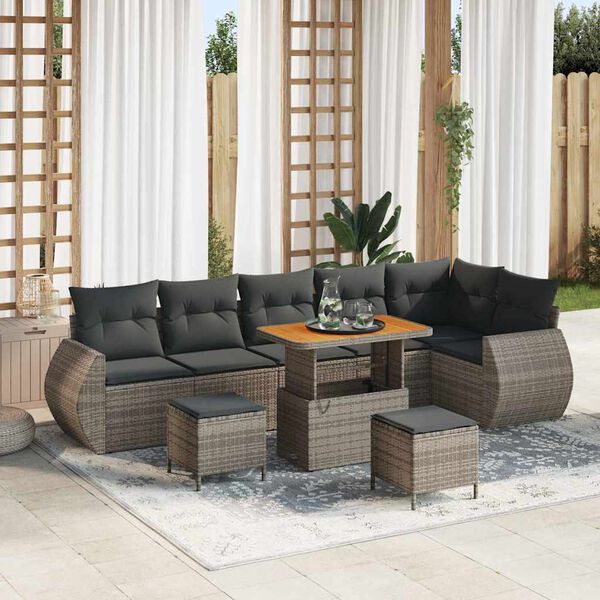 vidaXL Gartensofa-set mit Kissen mit Speicher 9 pcs Grau Poly Rattan