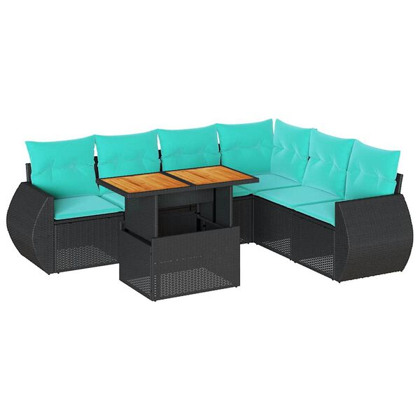 vidaXL 7-tlg. Garten-Sofagarnitur mit Kissen Schwarz Poly Rattan