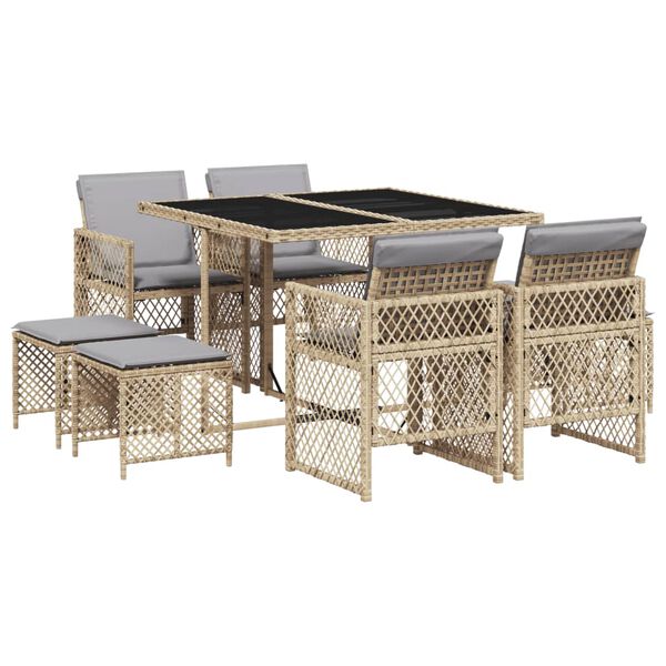 vidaXL 9-tlg. Garten-Essgruppe mit Kissen Beige Poly Rattan