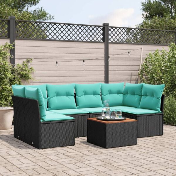 vidaXL 7-tlg. Garten-Sofagarnitur mit Kissen Schwarz Poly Rattan