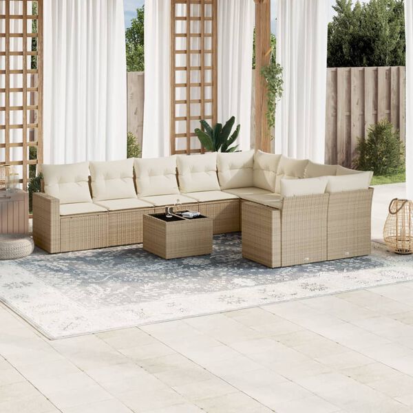 vidaXL 10-tlg. Garten-Sofagarnitur mit Kissen Beige Poly Rattan