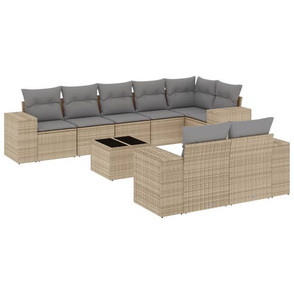 vidaXL 9-tlg. Garten-Sofagarnitur mit Kissen Beige Poly Rattan