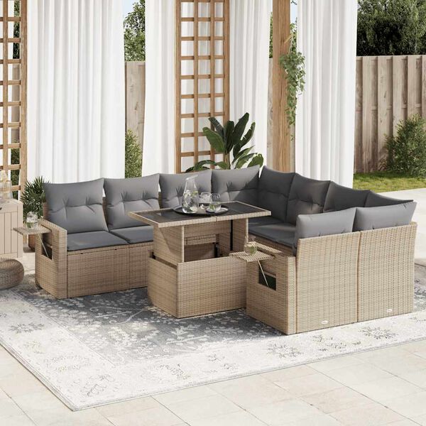 vidaXL 9-tlg. Garten-Sofagarnitur mit Kissen Beige Poly Rattan