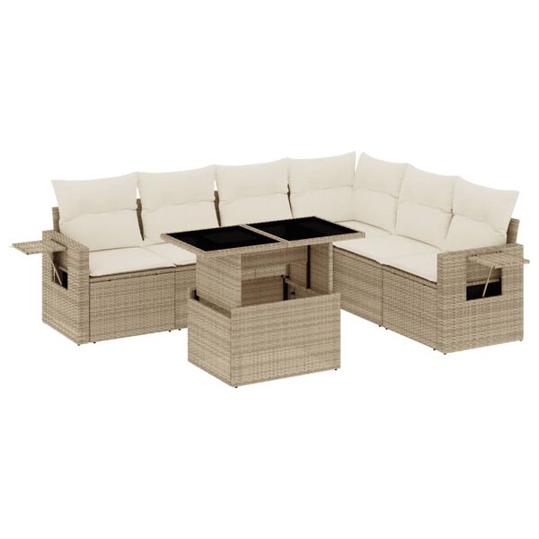 vidaXL 7-tlg. Garten-Sofagarnitur mit Kissen Beige Poly Rattan