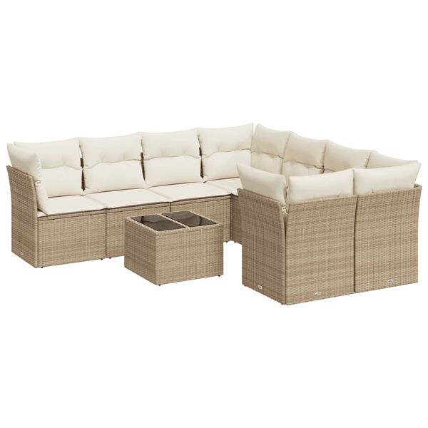 vidaXL 9-tlg. Garten-Sofagarnitur mit Kissen Beige Poly Rattan