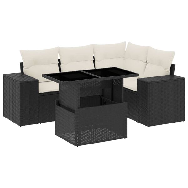 vidaXL 5-tlg. Garten-Sofagarnitur mit Kissen Schwarz Poly Rattan