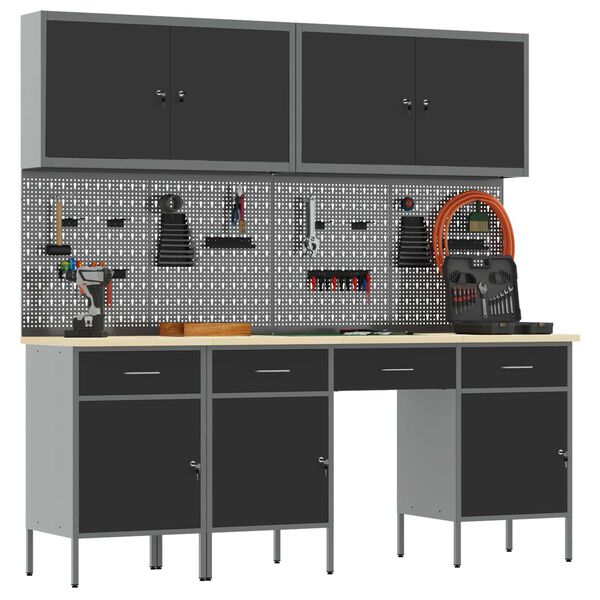 vidaXL Werkbank mit Schubladen 10 pcs Schwarz 200 x 55 x 200 cm Stahl