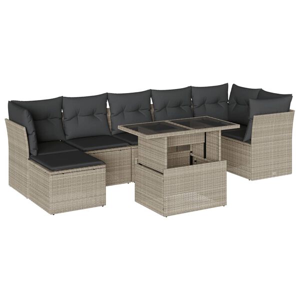 vidaXL 8-tlg. Garten-Sofagarnitur mit Kissen Hellgrau Poly Rattan