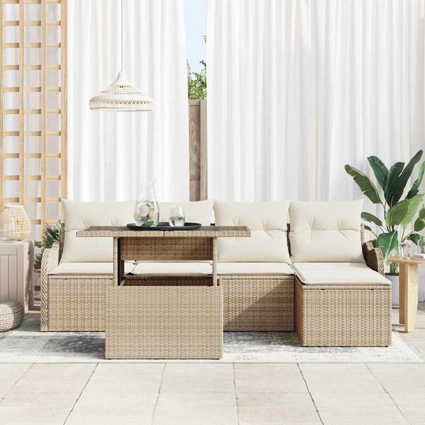 vidaXL Sitzgruppe f&uuml;r den Outdoor mit Kissen 6 pcs Beige Poly Rattan