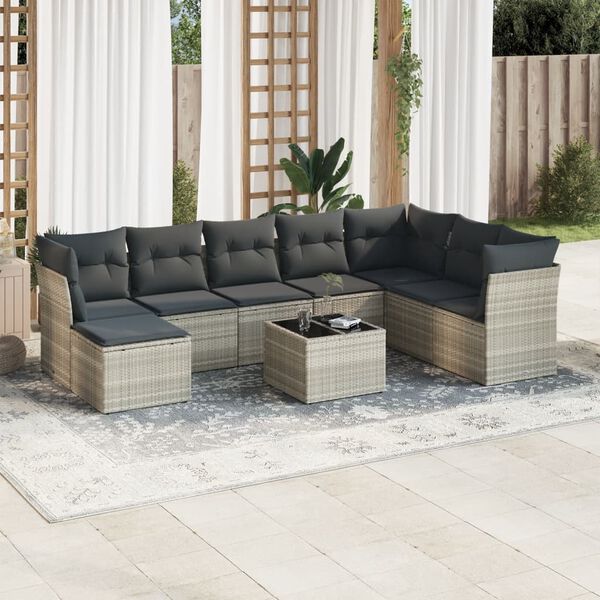 vidaXL 9-tlg. Garten-Sofagarnitur mit Kissen Hellgrau Poly Rattan