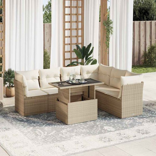 vidaXL 7-tlg. Garten-Sofagarnitur mit Kissen Beige Poly Rattan
