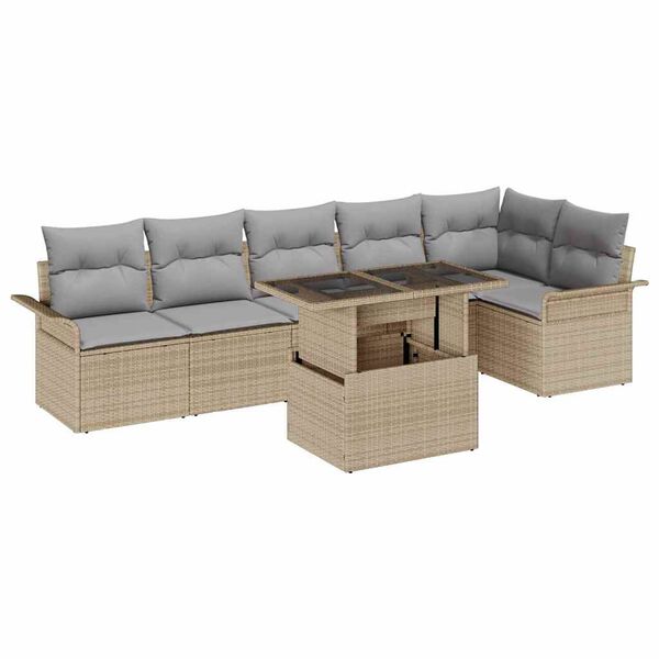 vidaXL Garten-Sofa-Set mit Kissen mit Speicher 7 pcs Beige Poly Rattan
