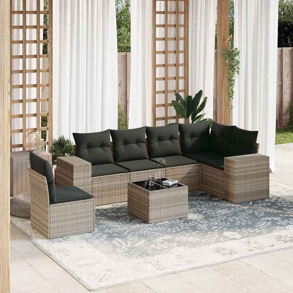 vidaXL 7-tlg. Garten-Sofagarnitur mit Kissen Hellgrau Poly Rattan