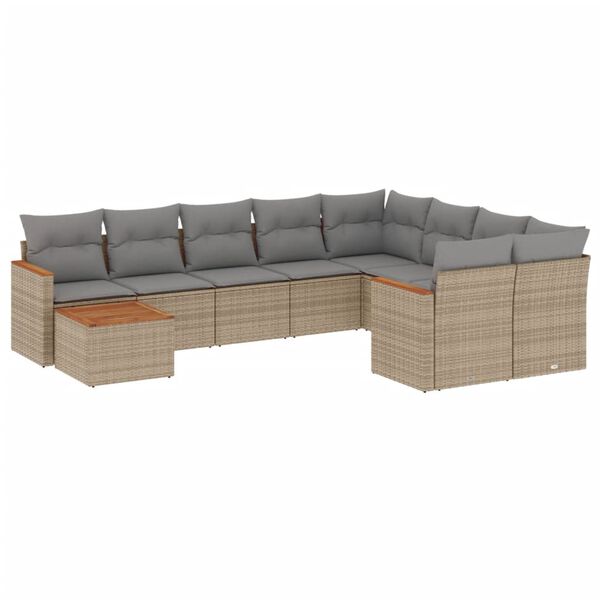 vidaXL 10-tlg. Garten-Sofagarnitur mit Kissen Beige Poly Rattan