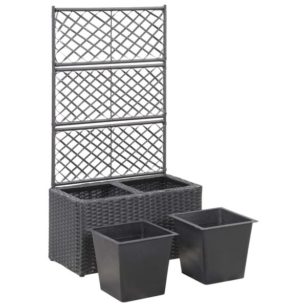 vidaXL Hochbeet mit Rankgitter 2 Töpfe 58×30×107cm Poly Rattan Schwarz