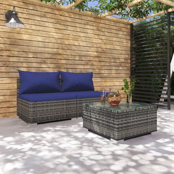 vidaXL 3-tlg. Garten-Lounge-Set mit Kissen Poly Rattan Grau